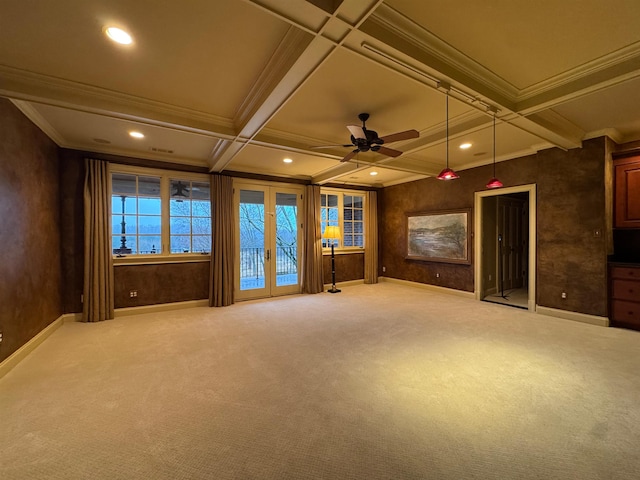 unfurnished living room with coffered ceiling, beam ceiling, and ornamental molding