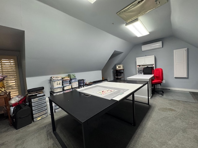 carpeted office space featuring lofted ceiling and a wall mounted AC