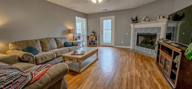 living room with wood-type flooring and a fireplace