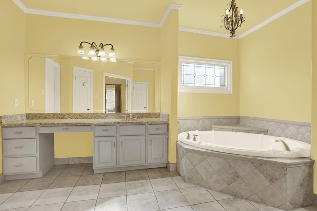 bathroom with a relaxing tiled tub, ornamental molding, tile patterned flooring, and vanity