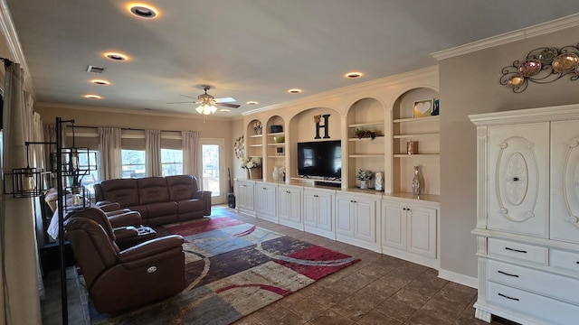 living room featuring built in shelves, ornamental molding, and ceiling fan