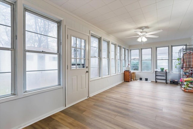 unfurnished sunroom featuring ceiling fan