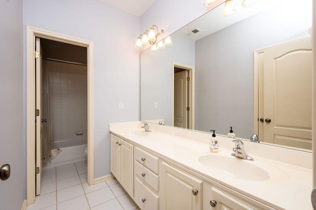 full bathroom with vanity, shower / tub combo, tile patterned floors, and toilet