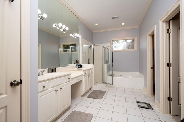 bathroom with tile patterned flooring, crown molding, vanity, and plus walk in shower