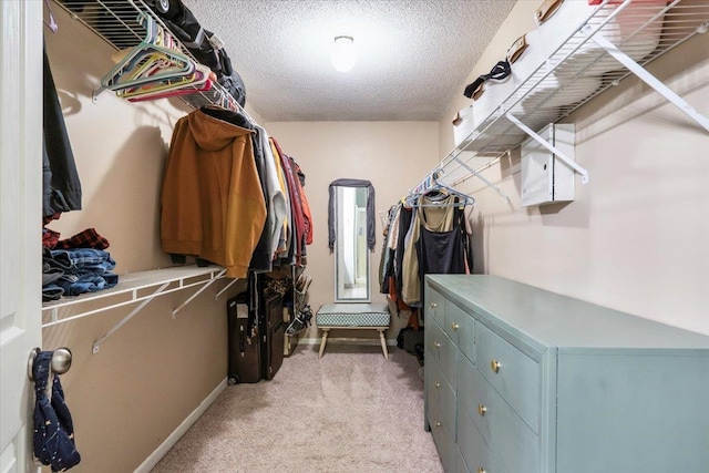 walk in closet with light carpet