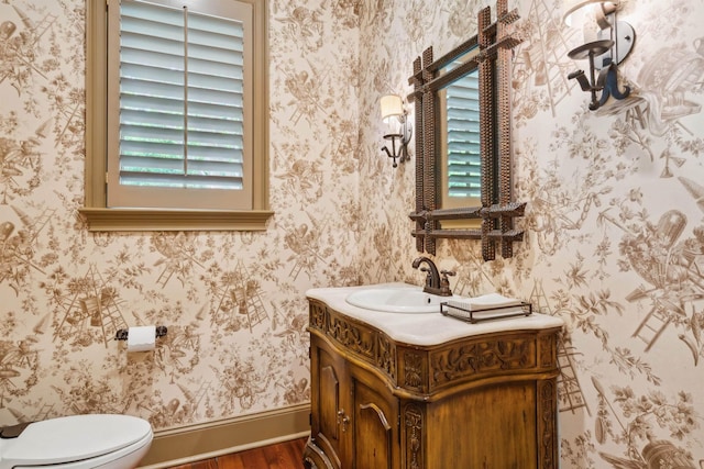 bathroom featuring vanity, hardwood / wood-style floors, and toilet