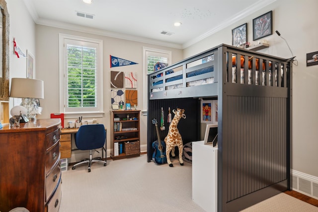 carpeted bedroom featuring ornamental molding