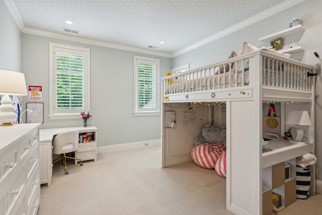 bedroom featuring crown molding and light colored carpet