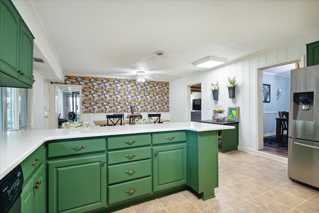 kitchen with black dishwasher, stainless steel fridge, green cabinets, kitchen peninsula, and crown molding