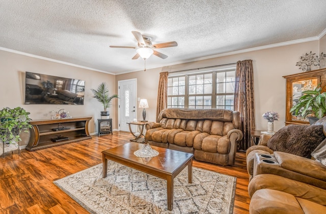 living room with crown molding, ceiling fan, light hardwood / wood-style floors, and a textured ceiling