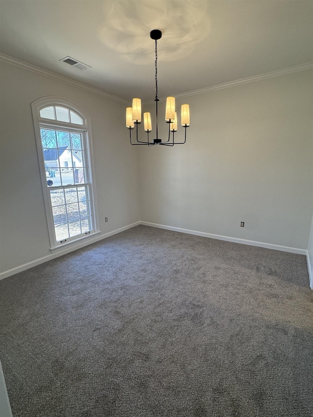 carpeted empty room with crown molding and a chandelier