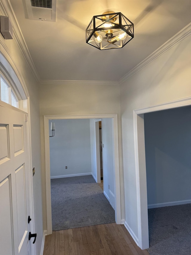 corridor with dark hardwood / wood-style flooring, a notable chandelier, and crown molding