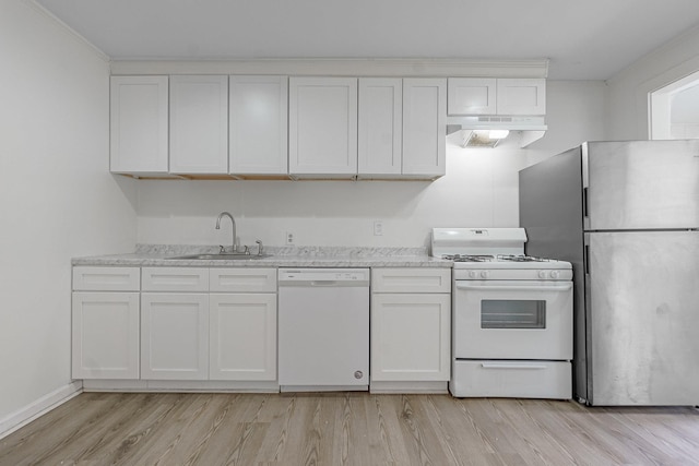 kitchen with white cabinetry, white appliances, sink, and light wood-type flooring