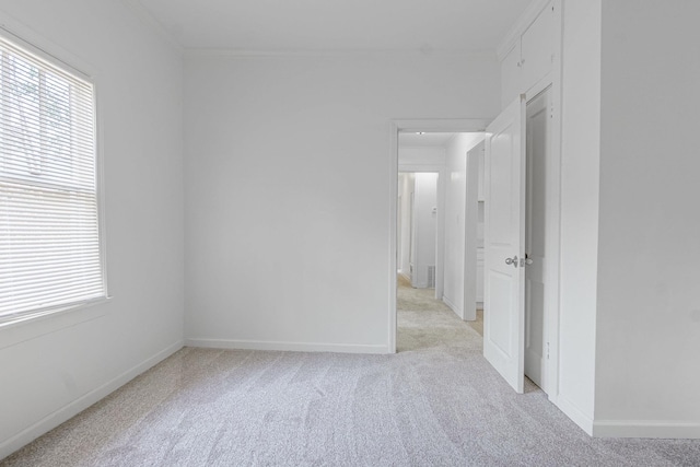 carpeted empty room featuring crown molding