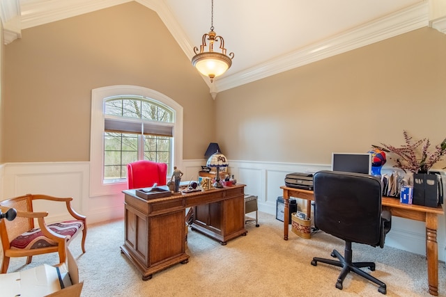 home office featuring ornamental molding, lofted ceiling, and light carpet