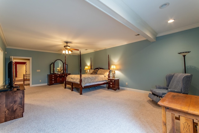 carpeted bedroom with beamed ceiling and ornamental molding