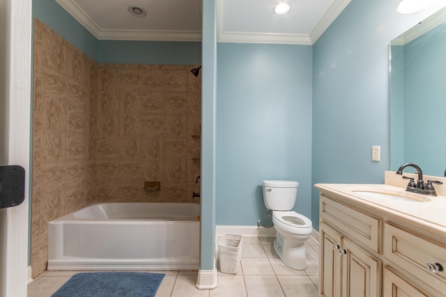 full bathroom featuring tile patterned floors, toilet, crown molding, vanity, and tiled shower / bath combo