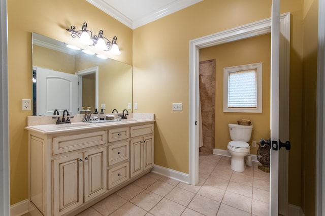 bathroom featuring vanity, crown molding, tile patterned floors, and toilet