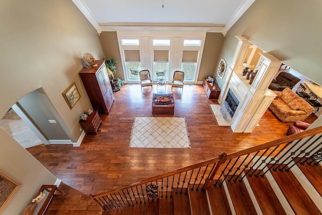 living room with ornamental molding and dark wood-type flooring