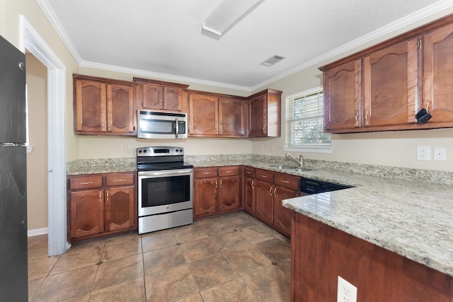 kitchen featuring sink, light stone counters, crown molding, a textured ceiling, and black appliances