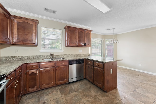 kitchen featuring sink, dishwasher, hanging light fixtures, ornamental molding, and kitchen peninsula