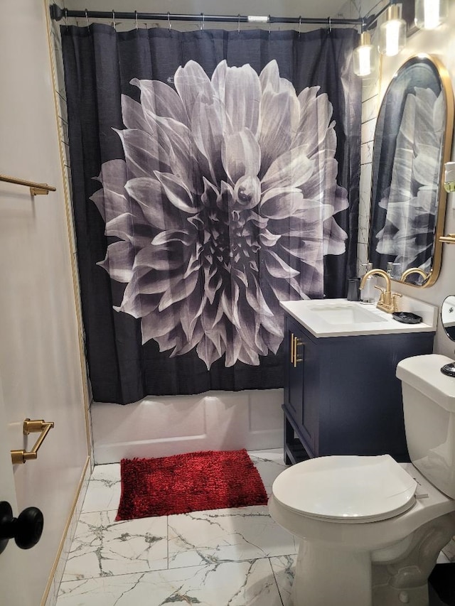 full bathroom featuring vanity, shower / bath combination with curtain, and toilet