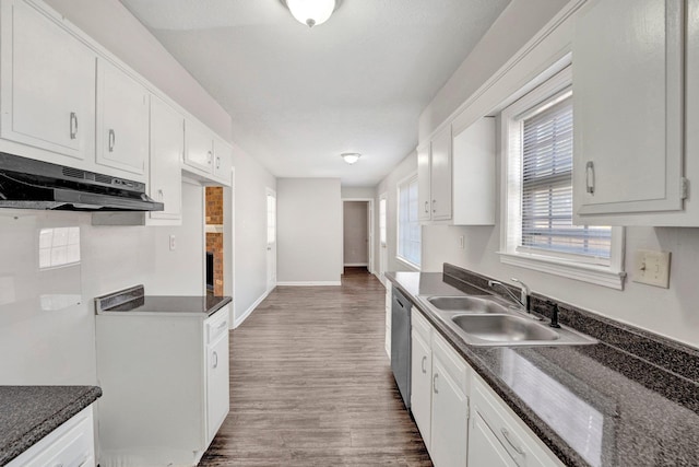 kitchen featuring sink, black electric cooktop, stainless steel dishwasher, dark hardwood / wood-style flooring, and white cabinets