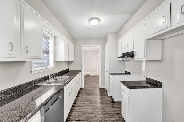 kitchen with white cabinetry, dishwasher, sink, dark hardwood / wood-style flooring, and a textured ceiling