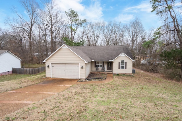 single story home with a garage, covered porch, and a front lawn