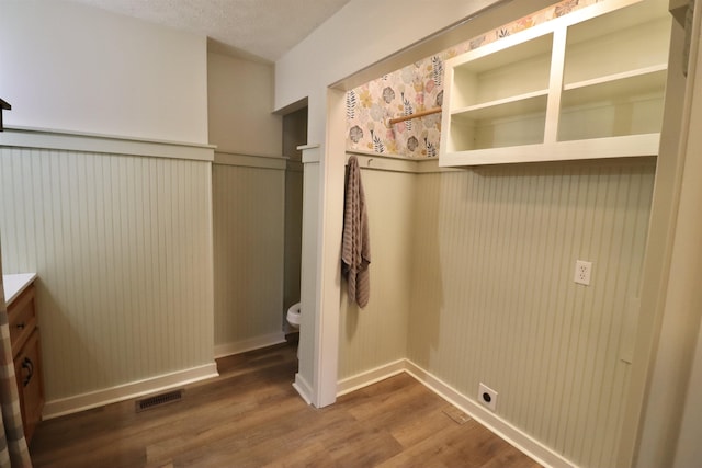 bathroom featuring vanity, hardwood / wood-style flooring, and toilet