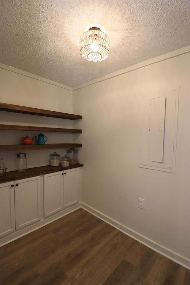 interior space with dark hardwood / wood-style floors, electric panel, and a textured ceiling