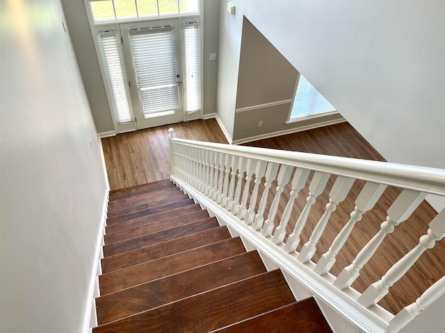 stairway with hardwood / wood-style floors