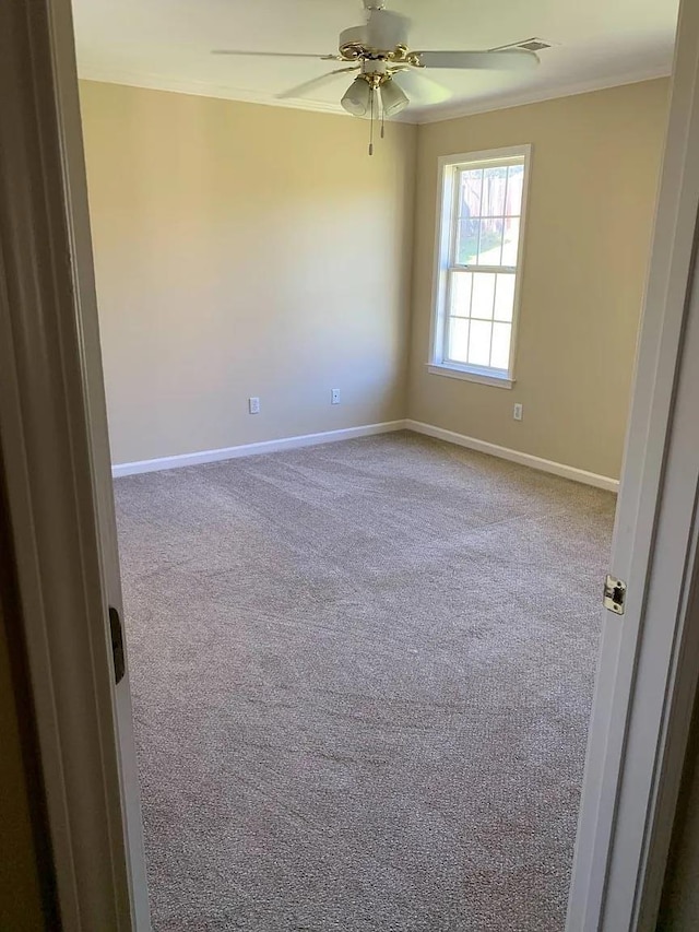 empty room featuring ceiling fan, ornamental molding, and light carpet