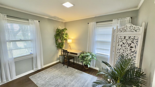 sitting room featuring crown molding and dark wood-type flooring