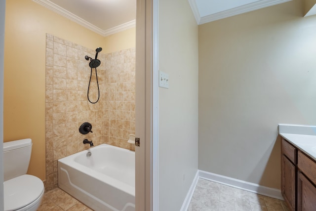 full bathroom with tiled shower / bath, ornamental molding, toilet, and vanity