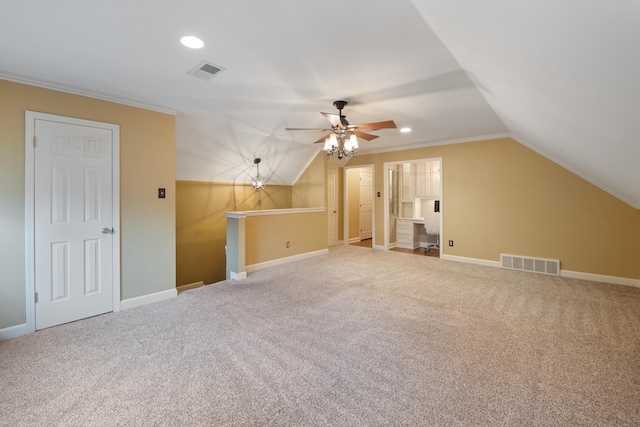 bonus room featuring lofted ceiling, ceiling fan, and carpet