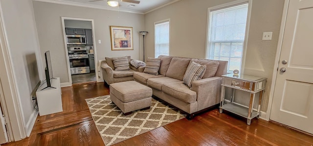 living room featuring crown molding, ceiling fan, a healthy amount of sunlight, and dark hardwood / wood-style flooring