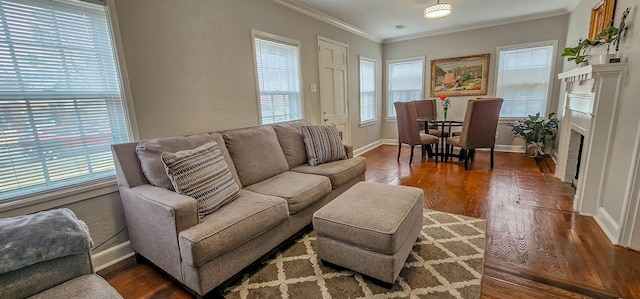 living room featuring crown molding, plenty of natural light, and dark hardwood / wood-style floors