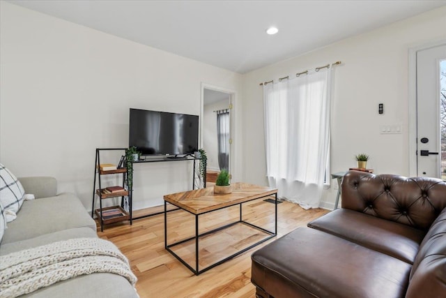 living room featuring a wealth of natural light and light hardwood / wood-style floors