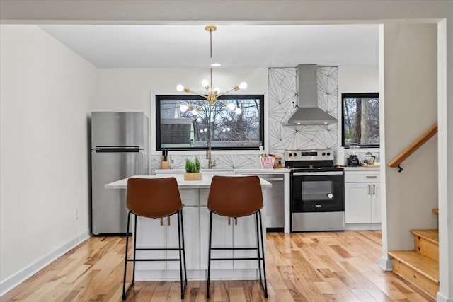 kitchen featuring tasteful backsplash, decorative light fixtures, ventilation hood, stainless steel appliances, and white cabinets