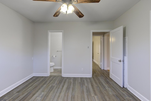 unfurnished bedroom with ceiling fan, light hardwood / wood-style floors, and ensuite bath