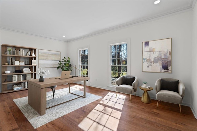 office featuring ornamental molding and dark hardwood / wood-style flooring