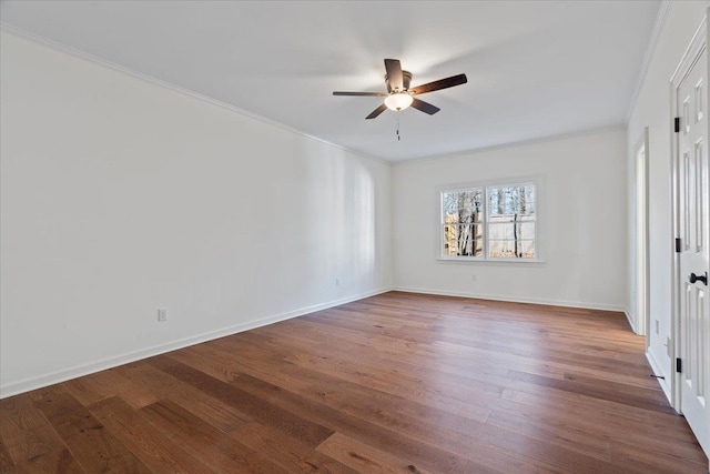 unfurnished bedroom with ceiling fan, ornamental molding, and dark hardwood / wood-style flooring