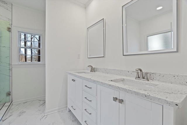 bathroom featuring vanity, crown molding, and a shower with door