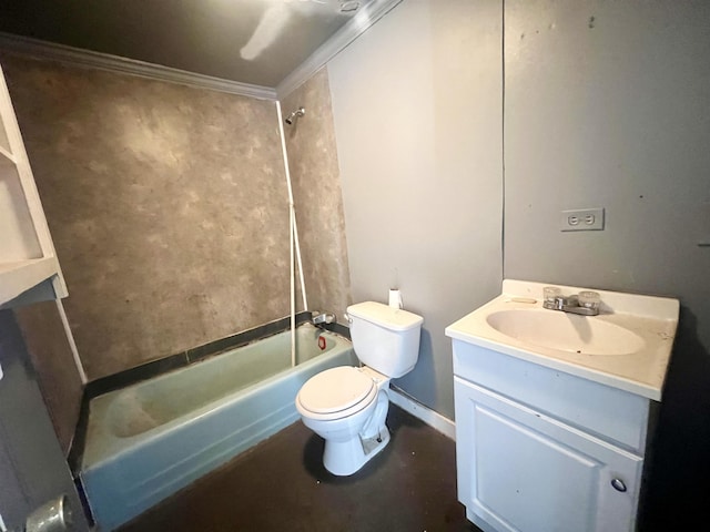 full bathroom featuring vanity, shower / tub combination, ornamental molding, and toilet