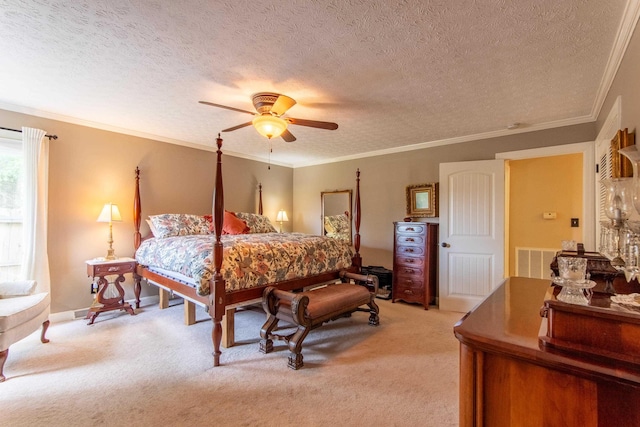 bedroom with crown molding, light carpet, ceiling fan, and a textured ceiling