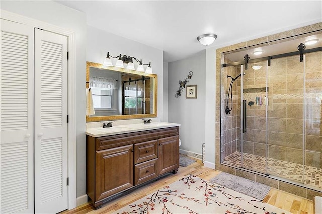 bathroom with walk in shower, vanity, and hardwood / wood-style floors