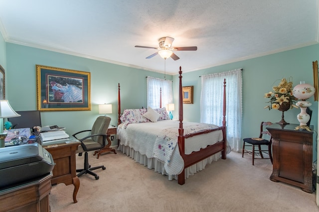 carpeted bedroom with crown molding, a textured ceiling, and ceiling fan