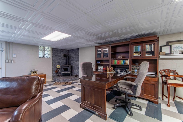 home office featuring a wood stove