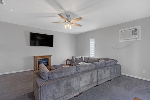 carpeted living room with ceiling fan and a wall mounted AC